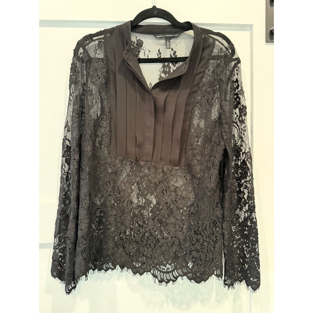 White House Black Market Black Floral Lace Pleated Bib Blouse Top Size 12